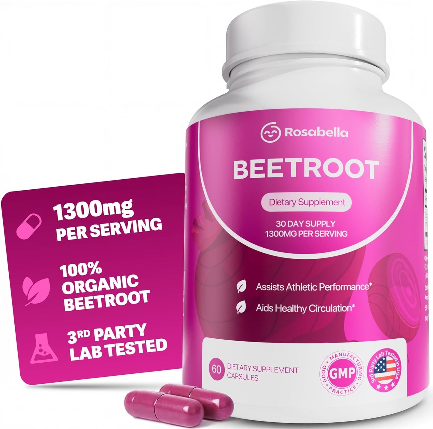 Rosabella Organic Beet Root Capsules - 1300mg Beet Root Powder Aids Healthy Circulation & Vitality, Non-GMO, Beet Root Supplement