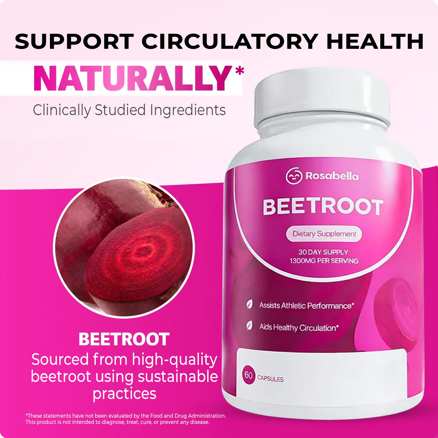 Rosabella Organic Beet Root Capsules - 1300mg Beet Root Powder Aids Healthy Circulation & Vitality, Non-GMO, Beet Root Supplement