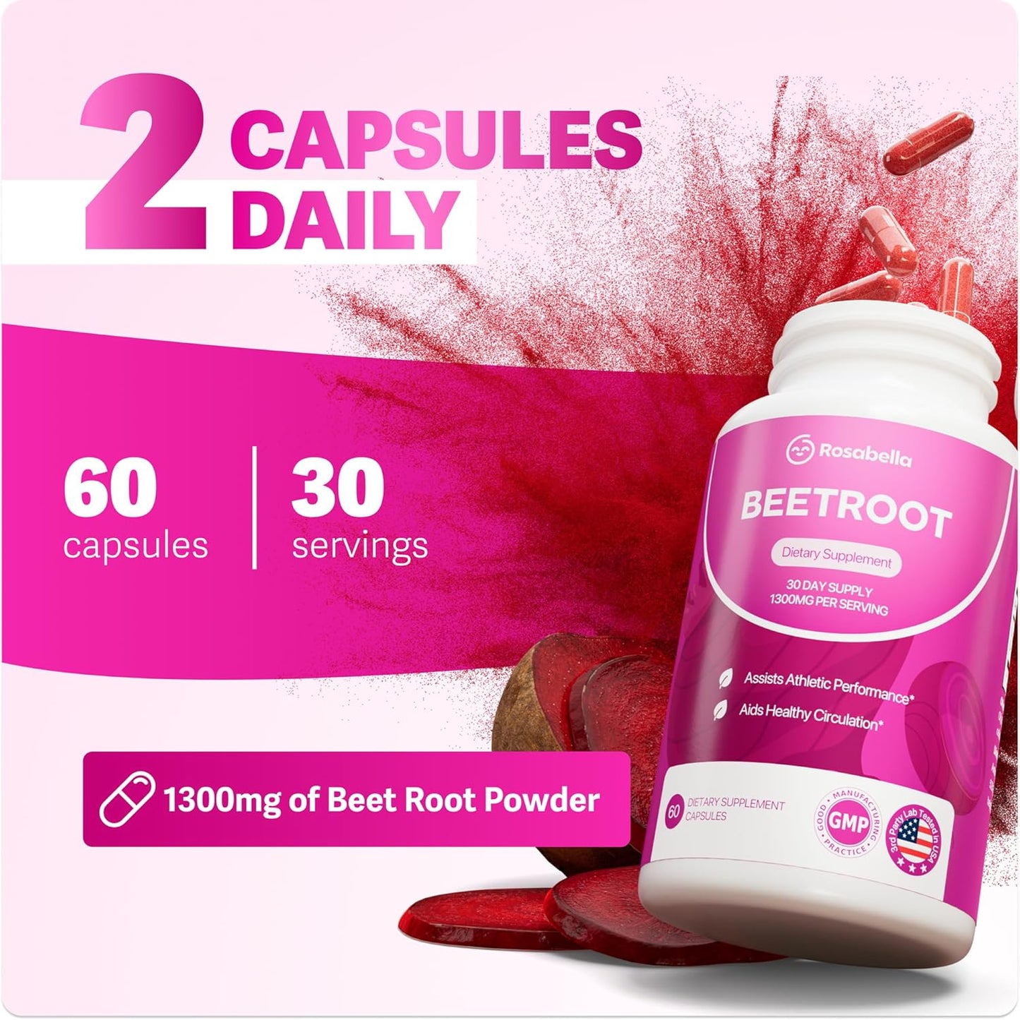 Rosabella Organic Beet Root Capsules - 1300mg Beet Root Powder Aids Healthy Circulation & Vitality, Non-GMO, Beet Root Supplement
