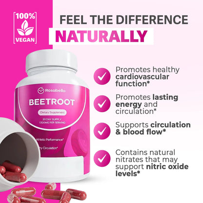 Rosabella Organic Beet Root Capsules - 1300mg Beet Root Powder Aids Healthy Circulation & Vitality, Non-GMO, Beet Root Supplement